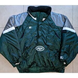 New York Jets 1998 STARTER puffer 1/2 jacket pullover 2XL green silver NFL vtg